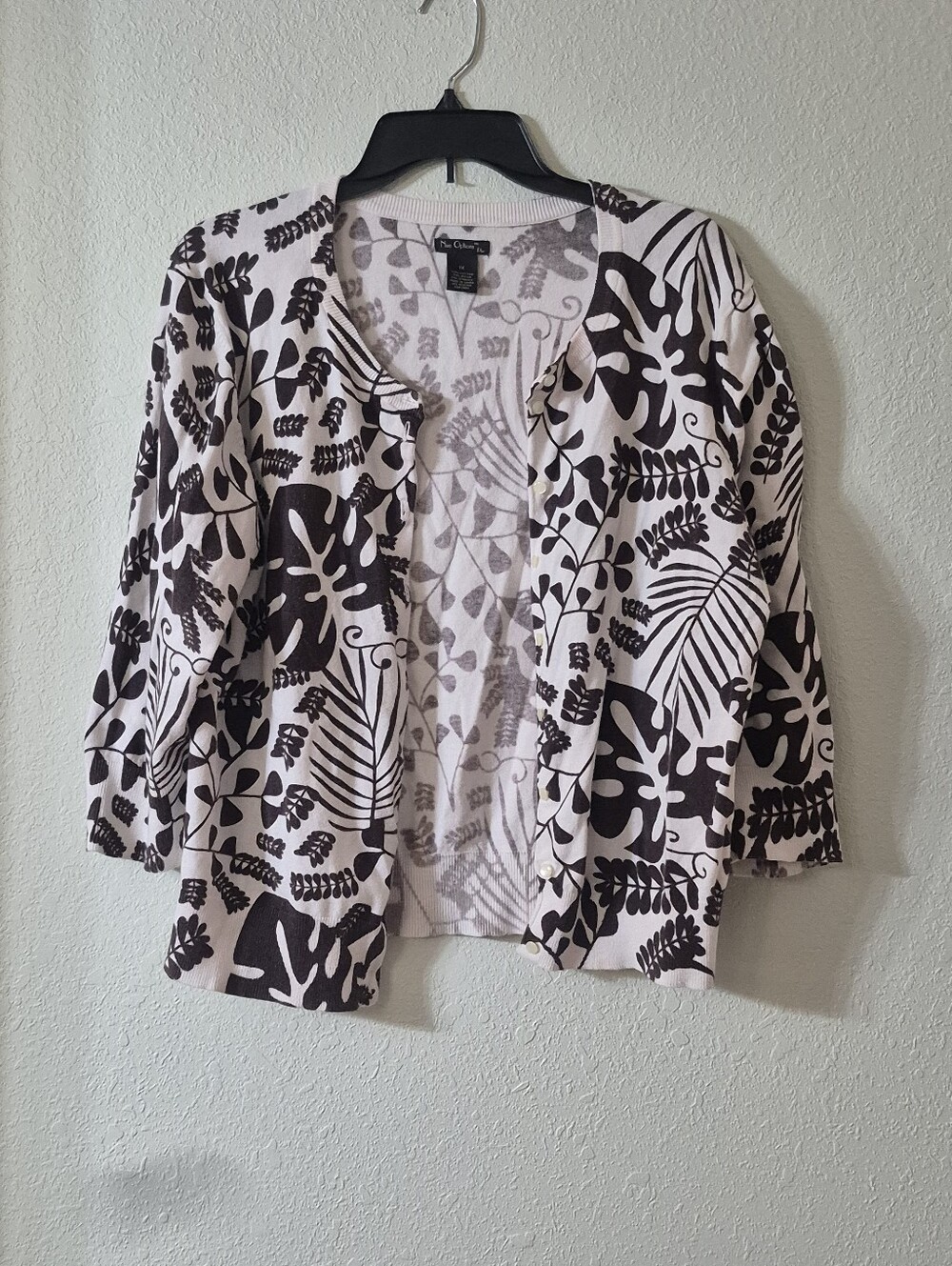 Nue Options Pink and Brown Leaf Print Cardigan Sweater
